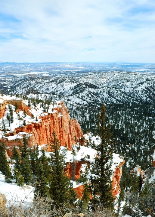 Snow-covered red rock canyon spires above a pine forest and winter valley