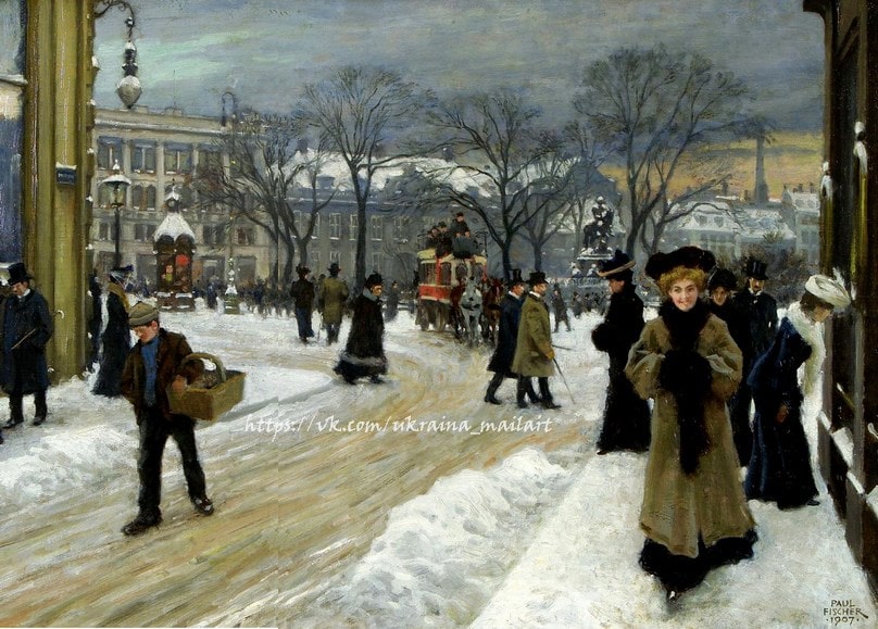 Frau im Pelzmantel auf einer verschneiten Kopenhagener Straße neben einem Pferdeomnibus, Paul Gustave Fischer, 1907