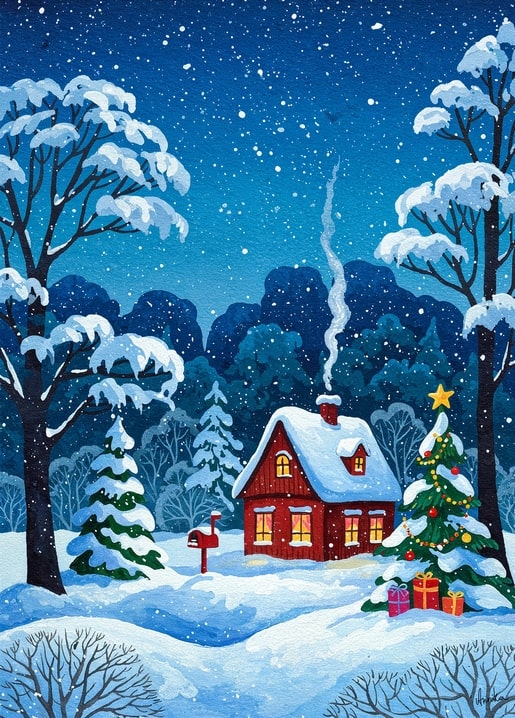 Snow-covered red cottage glowing at night beside a decorated Christmas tree and mailbox