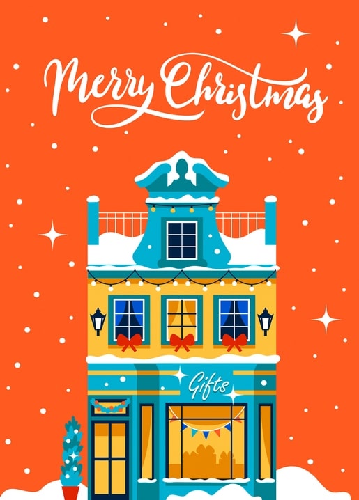 Verschneiter Geschenkeladen mit roten Schleifen, Lichterkette und Schriftzug „Merry Christmas“