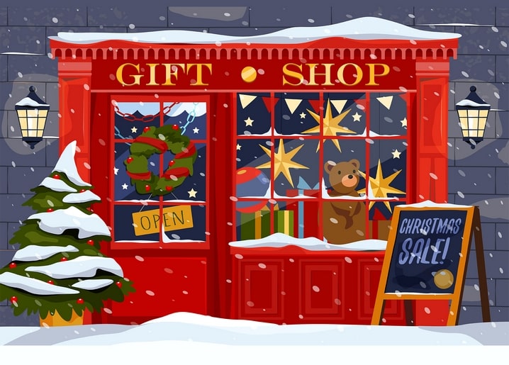 Illustrierte verschneite Geschenkladen-Fassade mit Teddybär im Schaufenster