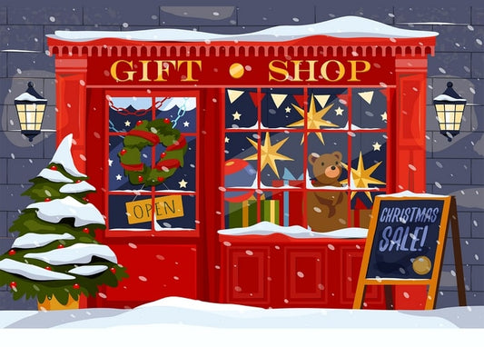Illustrierte verschneite Geschenkladen-Fassade mit Teddybär im Schaufenster