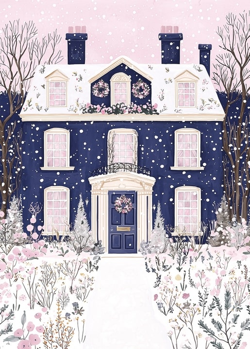 Illustration eines verschneiten dunkelblauen Herrenhauses mit Kränzen unter rosa Winterhimmel