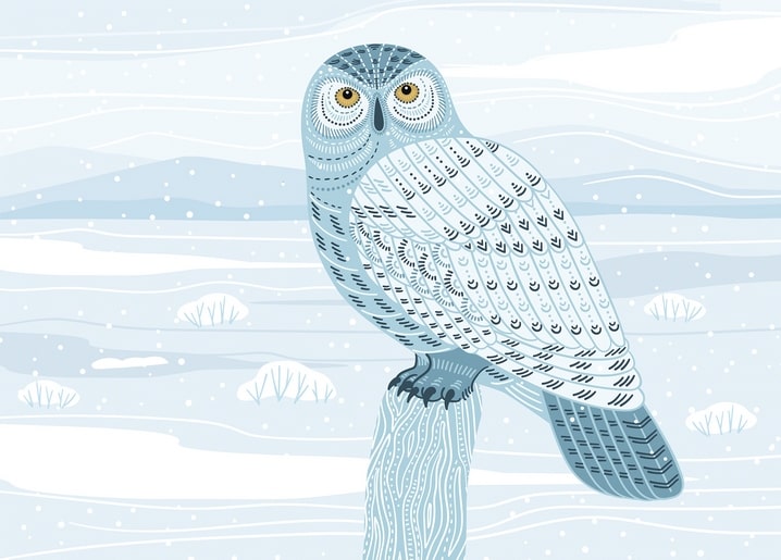 Illustrierte Schnee-Eule auf einem Holzpfahl im Schneetreiben