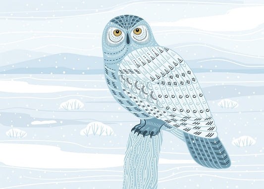 Illustrierte Schnee-Eule auf einem Holzpfahl im Schneetreiben