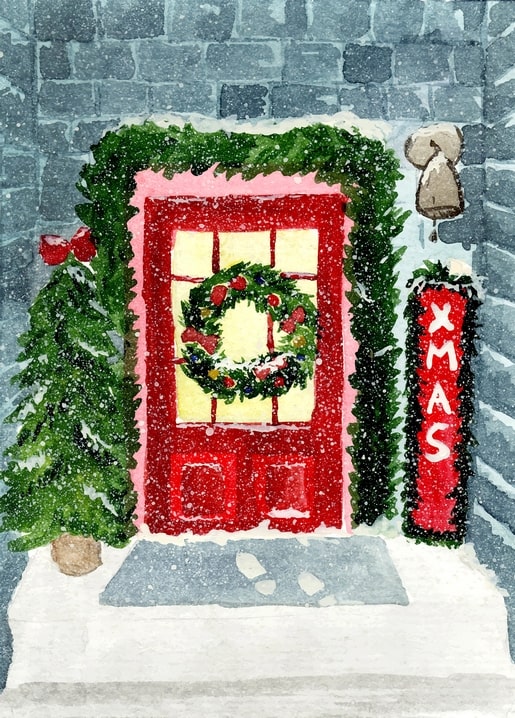 Aquarell einer roten Tür mit Kranz, Girlande und Schneefall, XMAS-Schild daneben