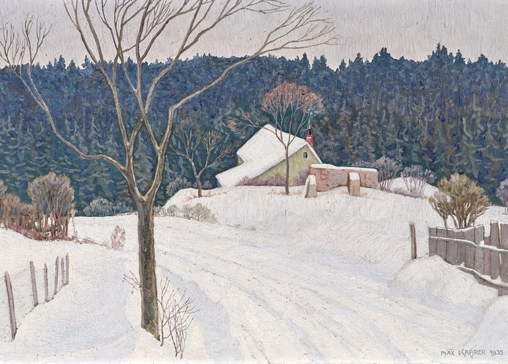 Засніжена дорога до лісового будиночка, зимовий пейзаж Макса Карера, 1935