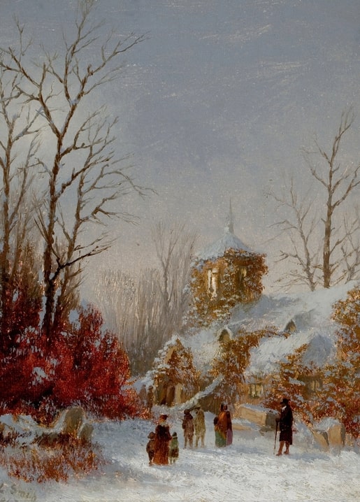 Snow-covered village with a church tower and villagers walking along a path