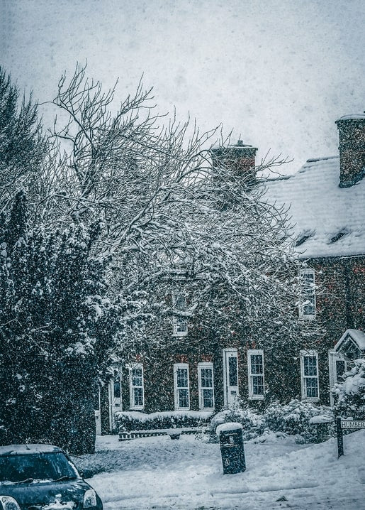 Snow-covered brick village house behind frosted bare trees during a snowfall