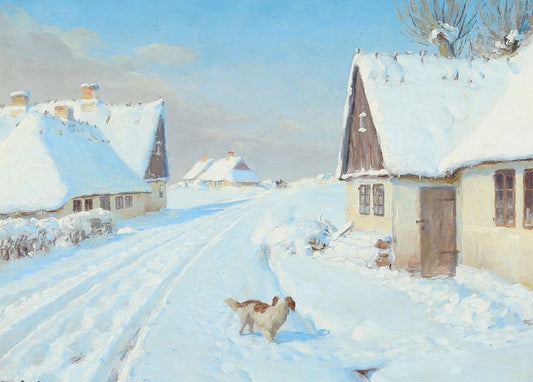 Painting of a snowy village lane with thatched cottages and a brown-and-white dog