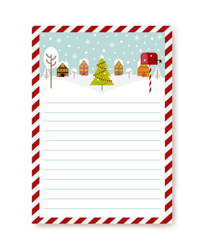 Letter paper with a snowy village, lit Christmas tree, and red mailbox in a candy-cane border