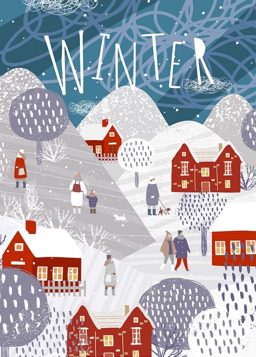 Snowy village of red houses with people and dogs walking between hills, WINTER lettering above