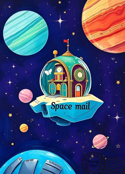 Rundes Häuschen mit Aufschrift „Space mail“ zwischen riesigen gestreiften Planeten