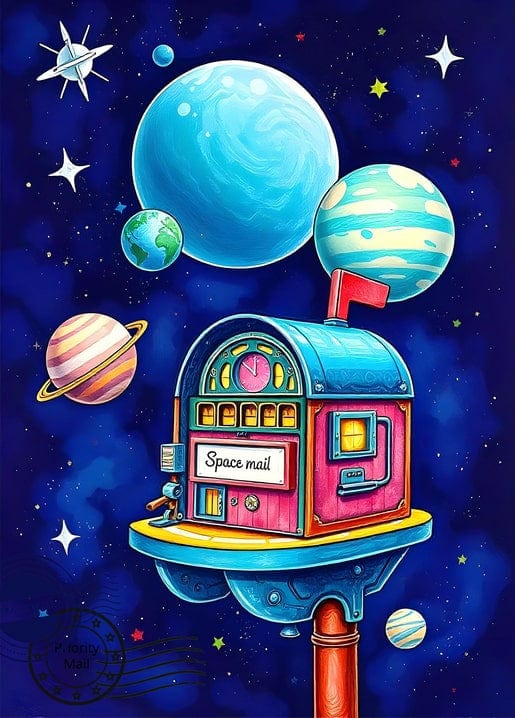 Illustration eines fantasievollen Weltraum-Briefkastens zwischen großen Planeten