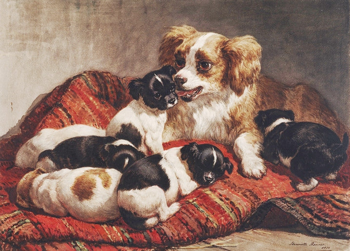 Watercolor by Henriette Ronner-Knip: a spaniel mother with four puppies on a red cushion