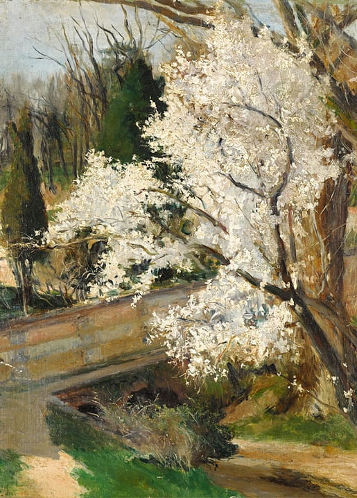 Painting of a blossoming tree spilling over a stone garden wall beside a quiet stream, by Aureliano de Beruete