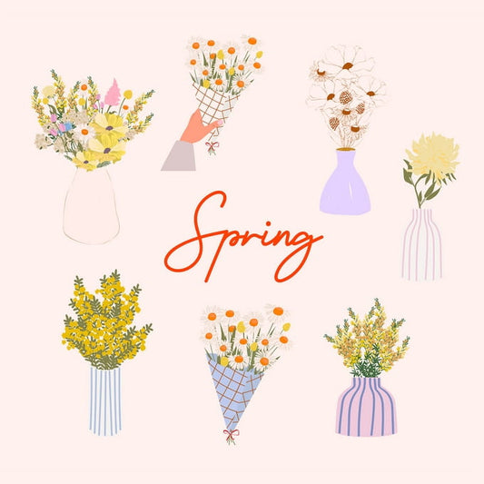 Колаж весняних букетів у вазах з написом «Spring»