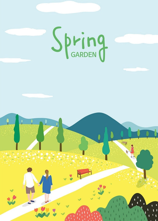 Illustrated couple walking a spring park path lined with tulips and green hills