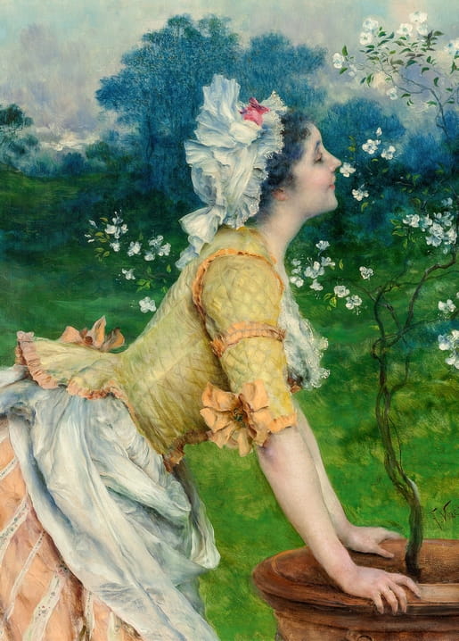 Young woman in a yellow bodice leaning over a garden urn to smell blossoms, from Vinea's ‘Spring in Florence’.
