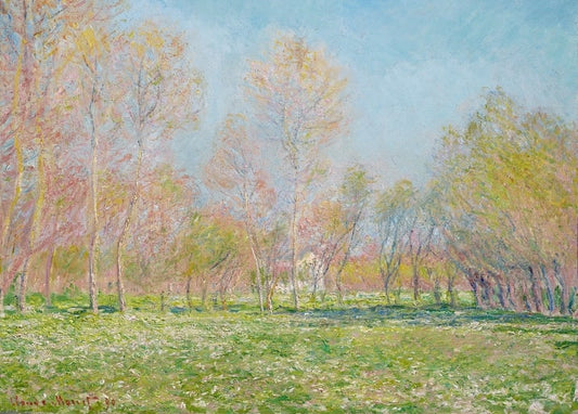 Моне, «Весна в Живерні»: рожевий і лимонний цвіт на тонких деревах над сонячною галявиною