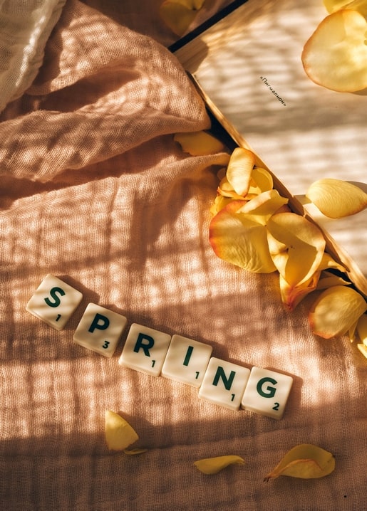 Дерев'яні літери SPRING на льоні серед розсипаних жовтих пелюсток троянди