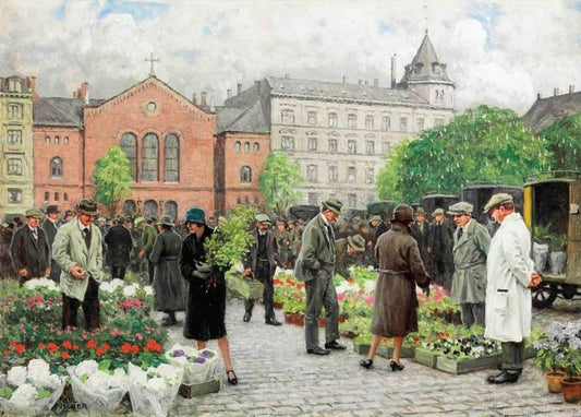 Händler verkaufen blühende Topfpflanzen auf einem Marktplatz neben einer Backsteinkirche, Gemälde von Paul Gustave Fischer