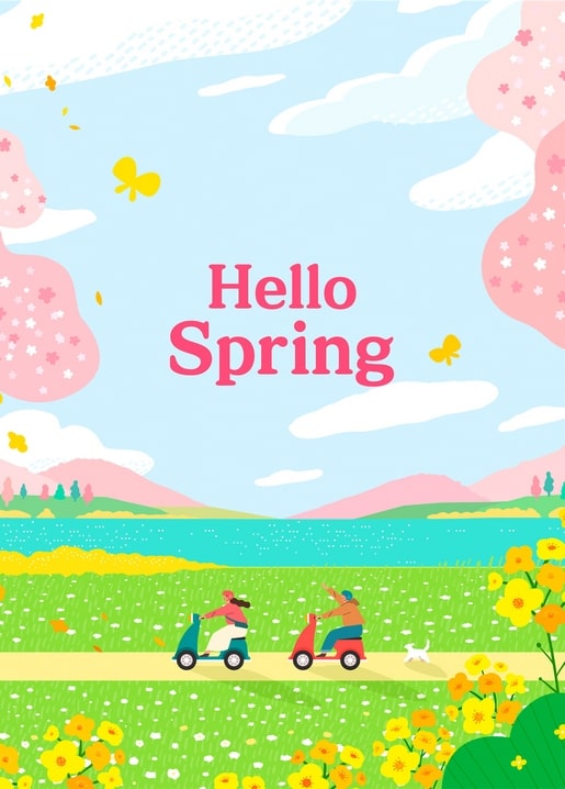 Illustration eines Paares auf Rollern an einem See unter blühenden Kirschbäumen, mit Hund und Schriftzug „Hello Spring“.
