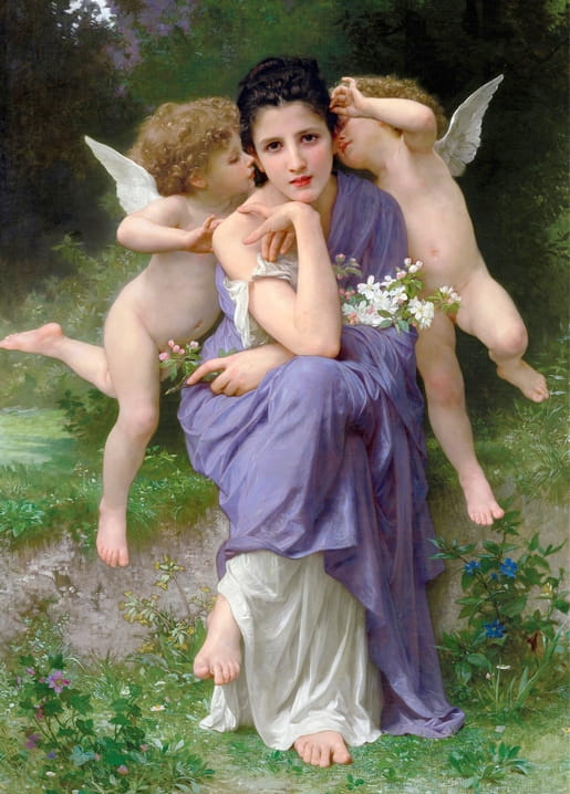 William Bouguereau painting ‘Spring Songs’ — a young woman embraced by two winged cherubs in a forest