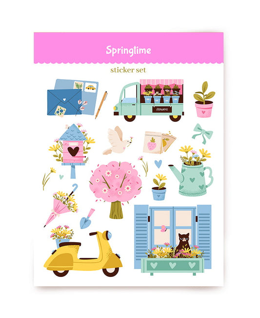 Frühlingsstickerbogen mit Blumenwagen, Vogelhaus, Gießkanne, Kirschblüten und Roller