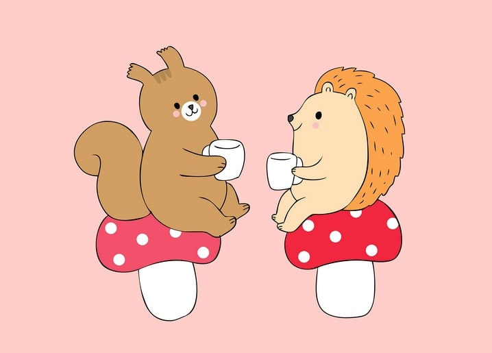 Squirrel and hedgehog sitting on spotted mushrooms holding mugs of marshmallow cocoa