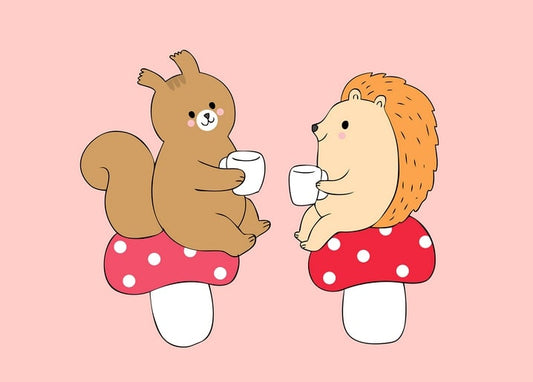 Squirrel and hedgehog sitting on spotted mushrooms holding mugs of marshmallow cocoa