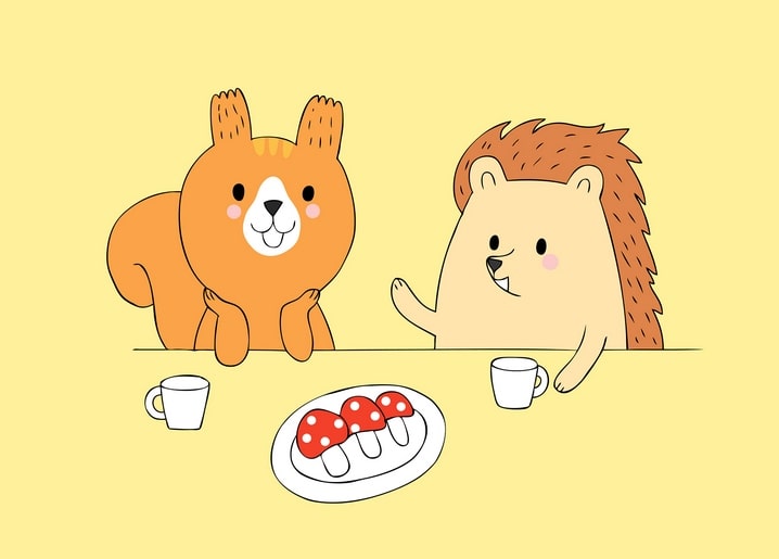 Squirrel and hedgehog leaning on a table with tea and mushroom treats