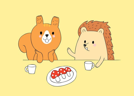 Squirrel and hedgehog leaning on a table with tea and mushroom treats