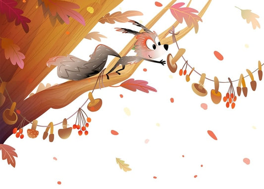 Squirrel on a branch reaching for a garland of dried mushrooms and berries