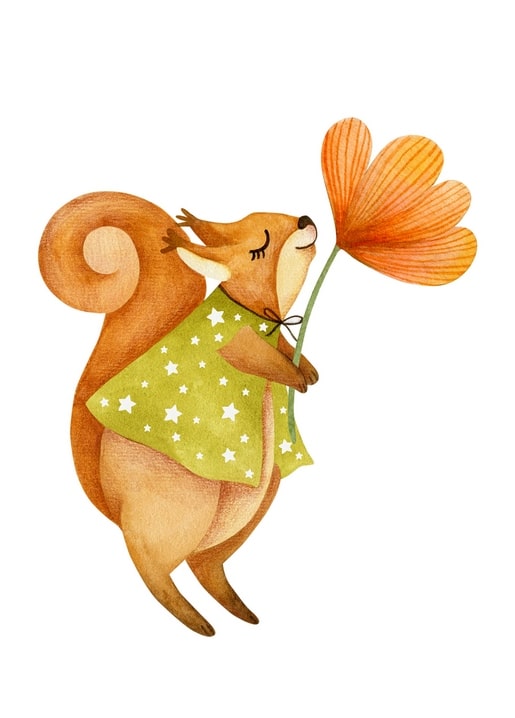 Watercolor squirrel in a star-print sweater smelling a large orange autumn flower