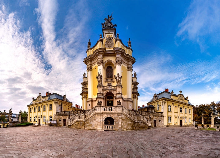 Baroque St. George's Cathedral facade with rooftop statues in Lviv, Ukraine