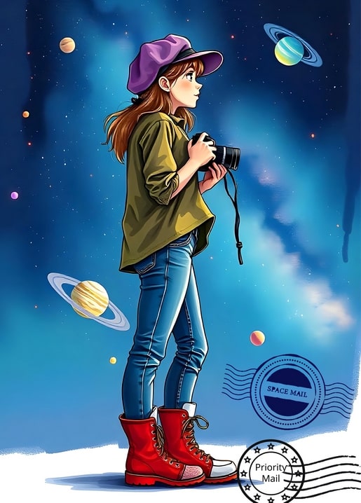 Mädchen mit lila Kappe und roten Stiefeln blickt mit einer Kamera zu Planeten auf