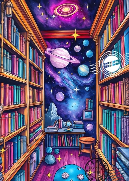 Bibliotheksgang mit Bücherregalen vor sternenklarer Galaxie mit Saturn