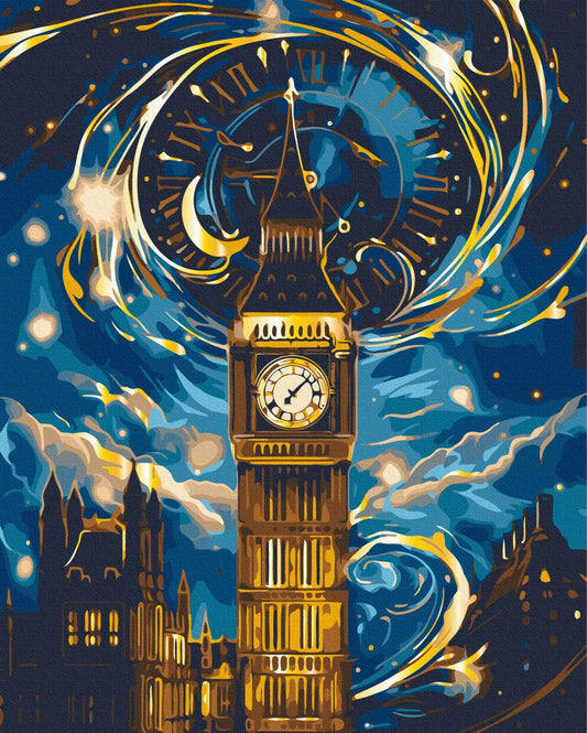 Big Ben tower glowing gold beneath a Van Gogh–style swirling sky with a giant clock face