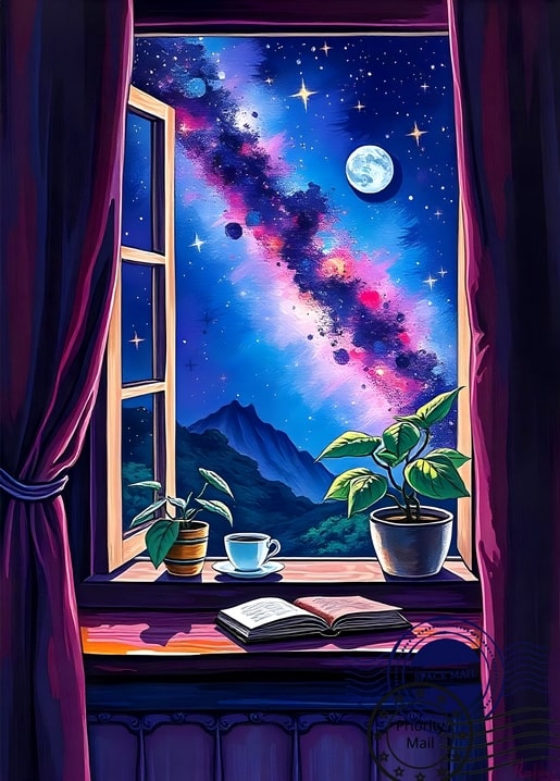 Offenes Fenster mit Blick auf Milchstraße, Mond, Pflanzen, Tee und ein Buch