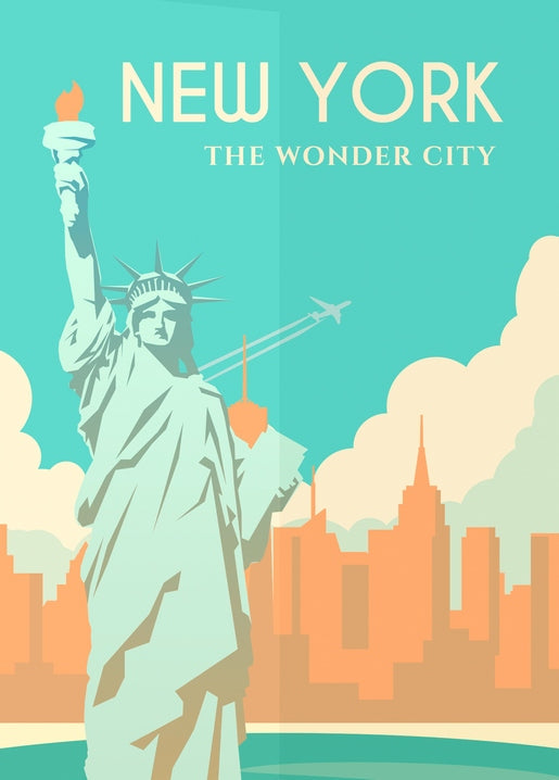 Retro-Reiseposter-Postkarte mit der Freiheitsstatue vor der Skyline von New York und einem Flugzeug