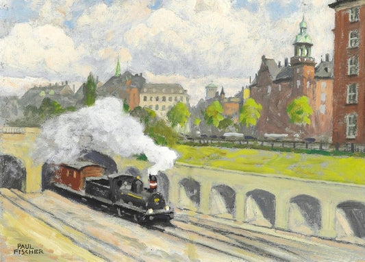 Schwarze Dampflok fährt aus einem Tunnel unter einem Viadukt, Gemälde von Paul Gustave Fischer