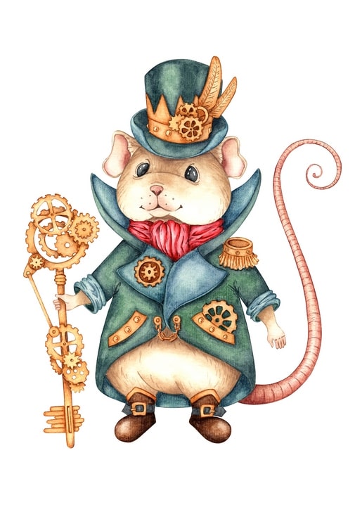 Illustrierte Steampunk-Maus mit Zahnrad-Zylinder und Messingschlüssel