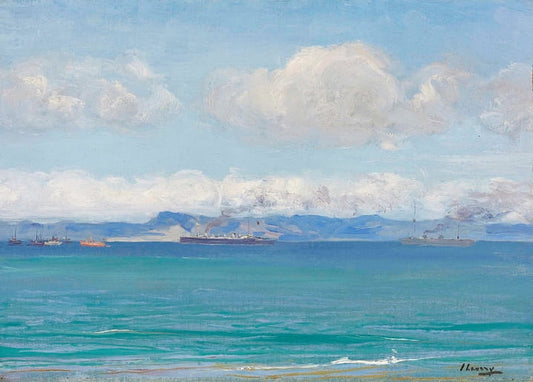 Turquoise seascape with steamships and billowing clouds off the coast of Tangier