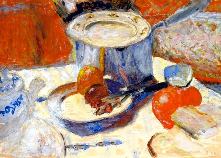 Pierre Bonnard still life postcard with a blue pot, plate, pear, knife, jug and oranges on a table