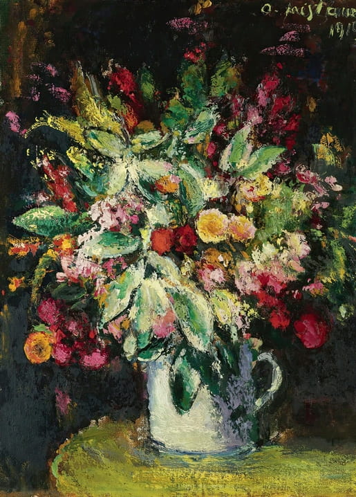 Anton Faistauer still life painting of a wild flower bouquet in a white jug