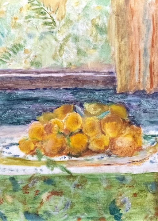 Plate of lemons on a windowsill with floral tablecloth and garden view, Bonnard postcard