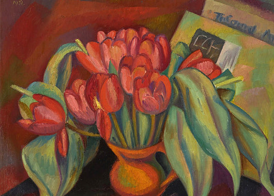 Red and orange tulips in a vase beside books, still life by Mark Gertler