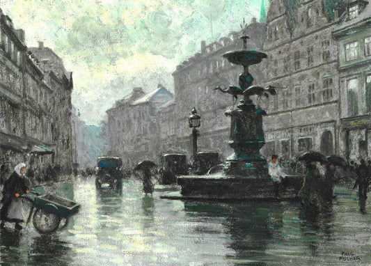 Regnerische Straßenszene am Storchenbrunnen in Kopenhagen, Gemälde von Paul Gustave Fischer