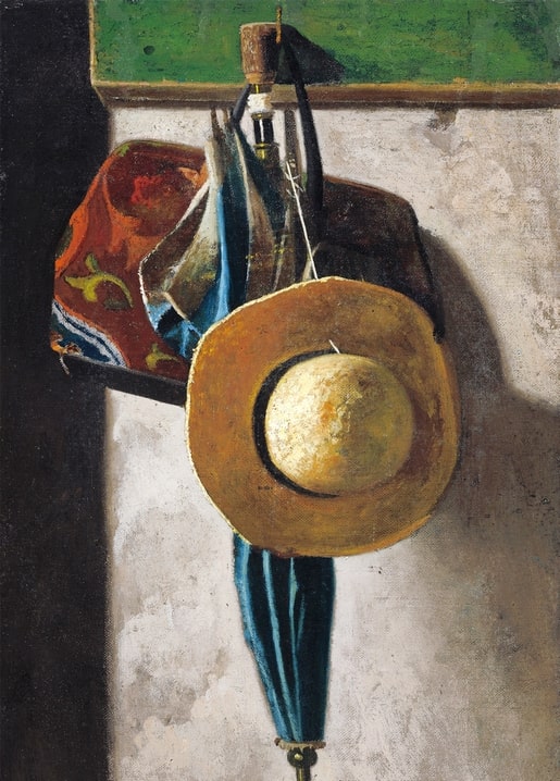Trompe-l'œil painting of a straw hat, bag, and blue umbrella hanging on a wall, postcard by John Frederick Peto